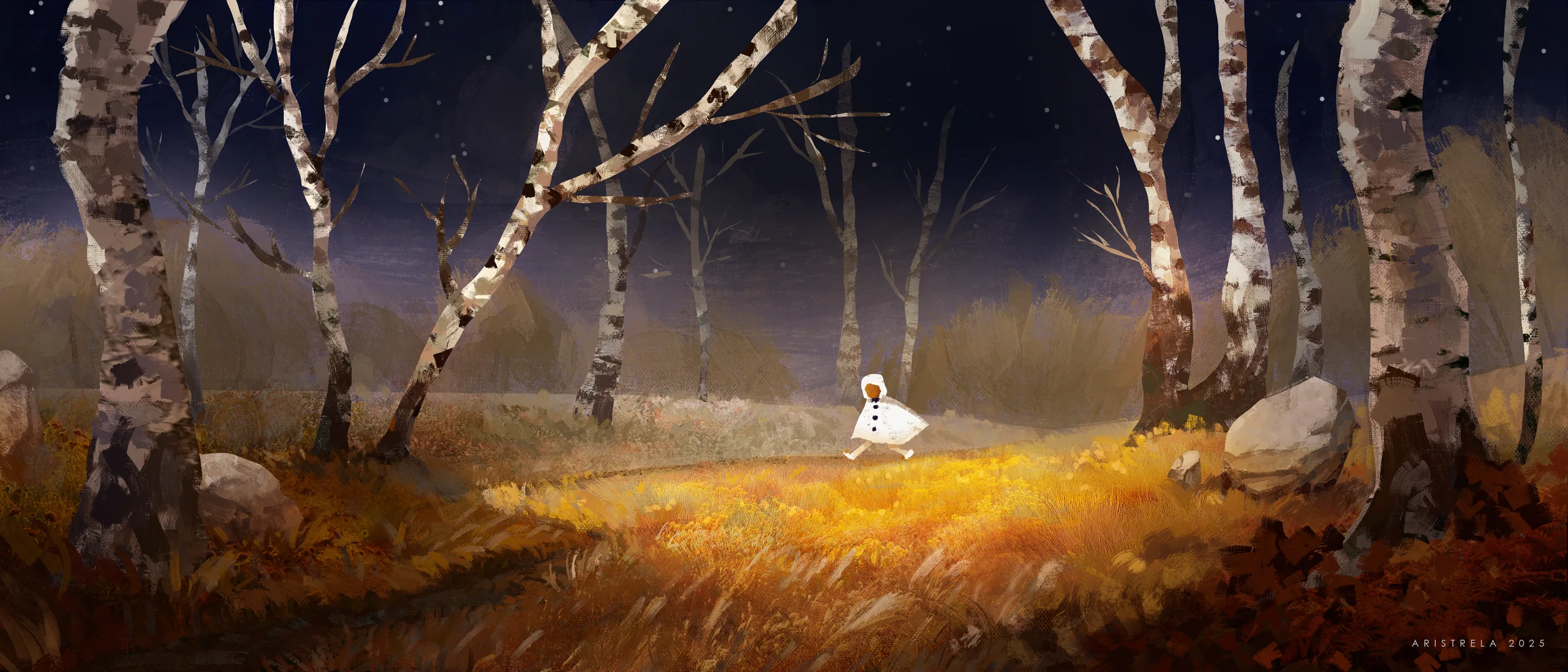 Forest illustration with a little white figure